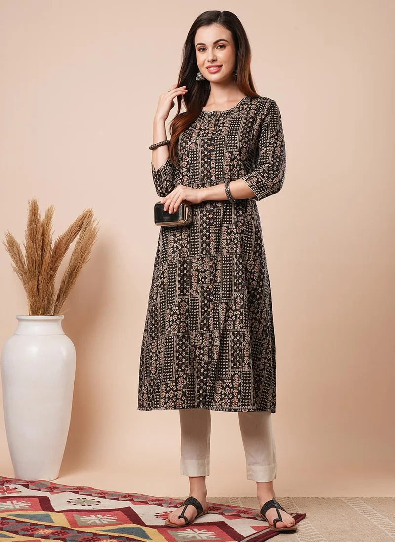 globus Globus Women Thread Work Neck Floral Printed Button Down A-Line Workwear Kurta